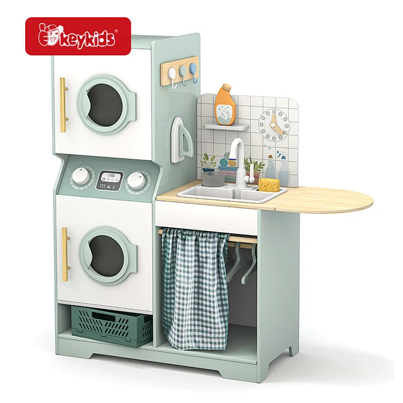 Mint Green Wooden Washer & Dryer Play Set - Realistic Laundry Simulation Toy for Kids' Role Play W10L024